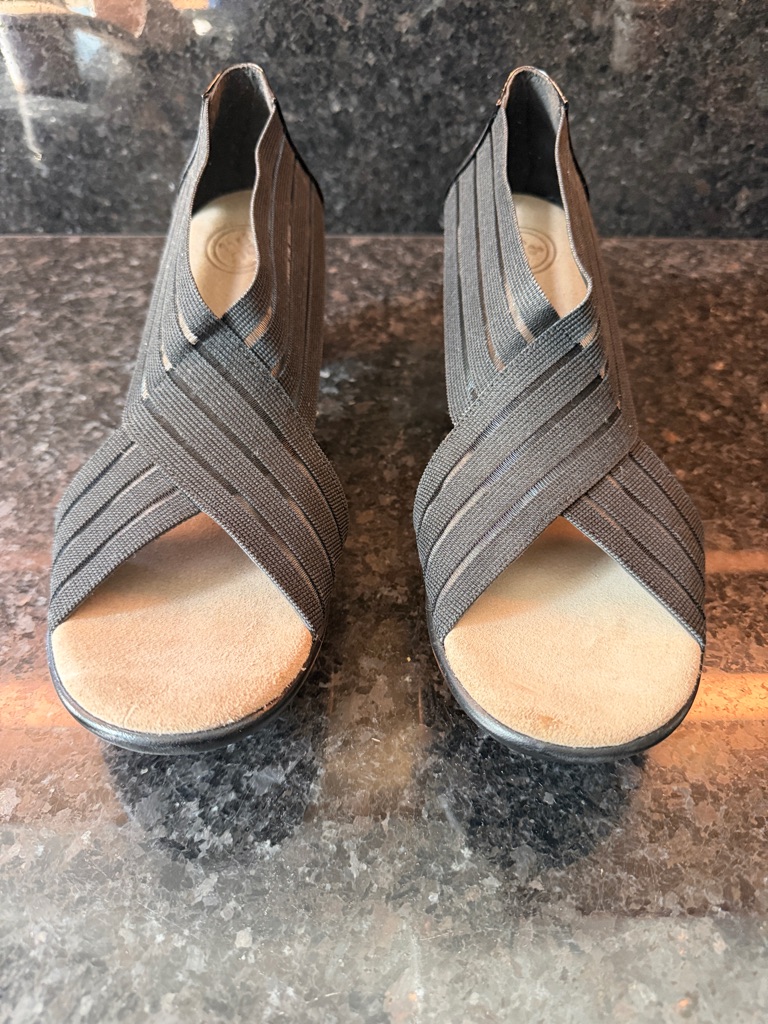 Charleston Shoe Co. Black Crisscross Elastic Wedge Sandals With Tan Footbed